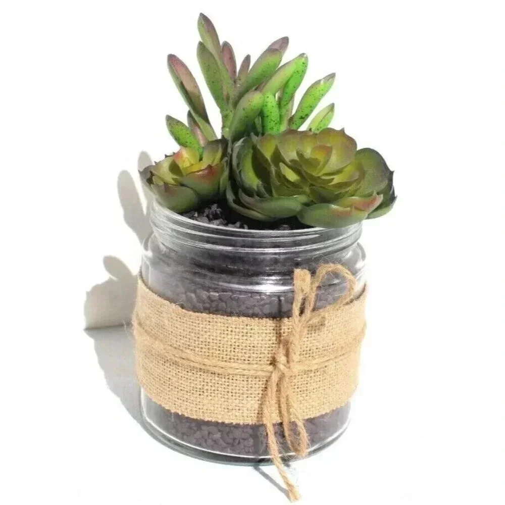 New Country Shabby Chic Farm House Artificial Succulents in Glass Jar W/ Burlap